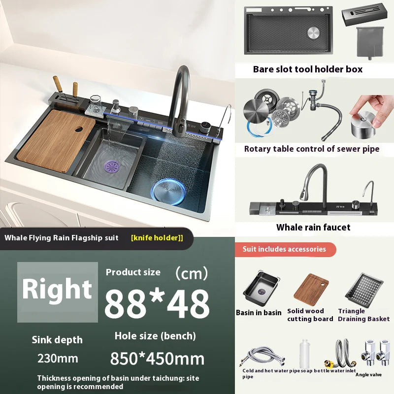 Stainless Steel Waterfall Kitchen Sink New Embossed Extra Large Single Slot Modern Digital Display Multifunctional Kitchen Sinks