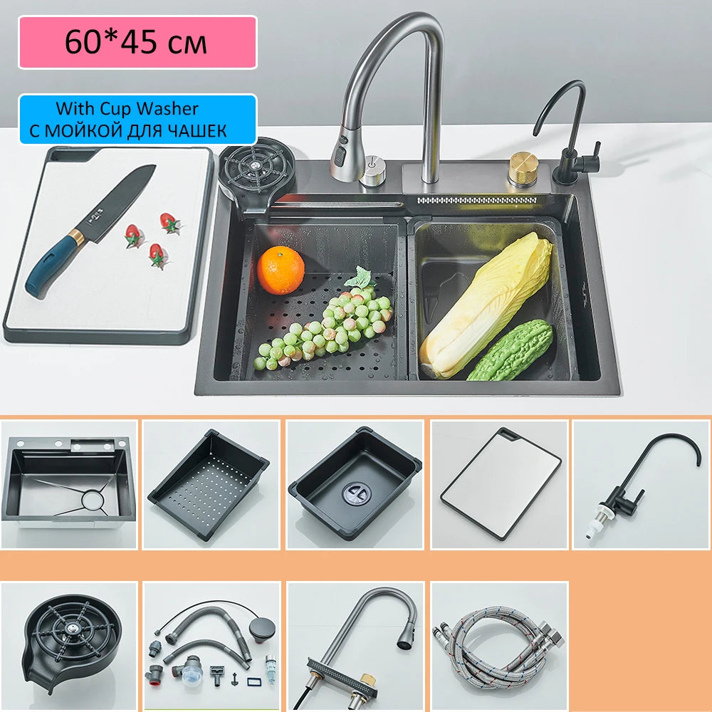 304 stainless steel waterfall kitchen sink large single slot integrated faucet set soap dispenser/pure water/cup washer