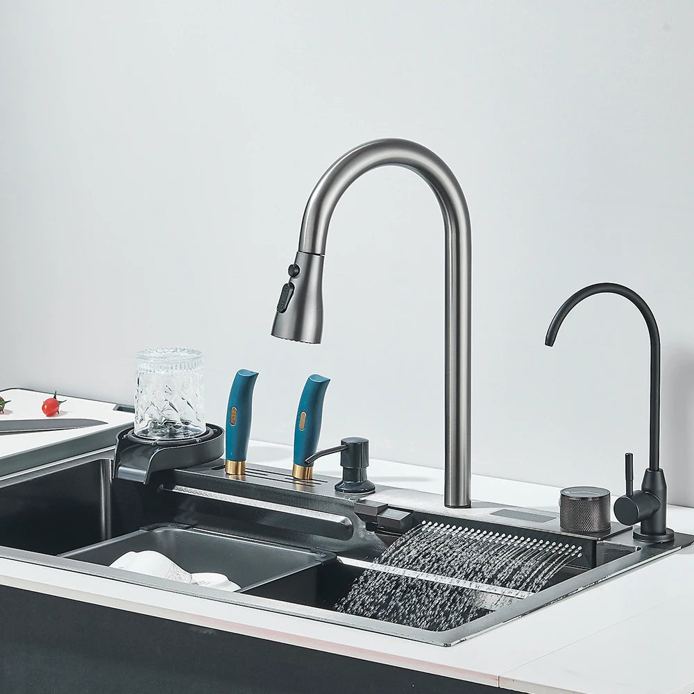 304 Stainless Steel Waterfall Kitchen Sink Large Single Slot Integrated Digital Display Faucet Set Soap Dispenser 75*45cm