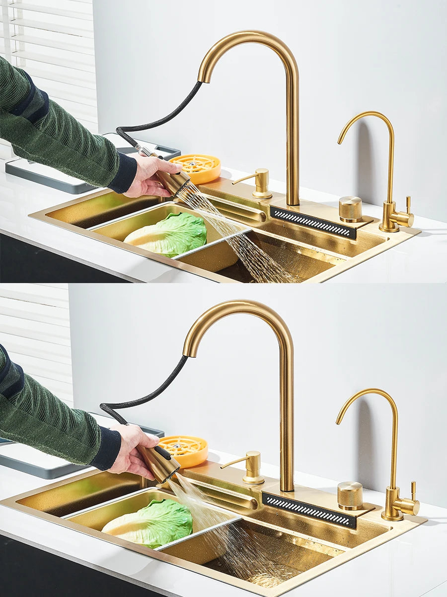 304 stainless steel waterfall kitchen sink large single slot integrated faucet set soap dispenser/pure water/cup washer