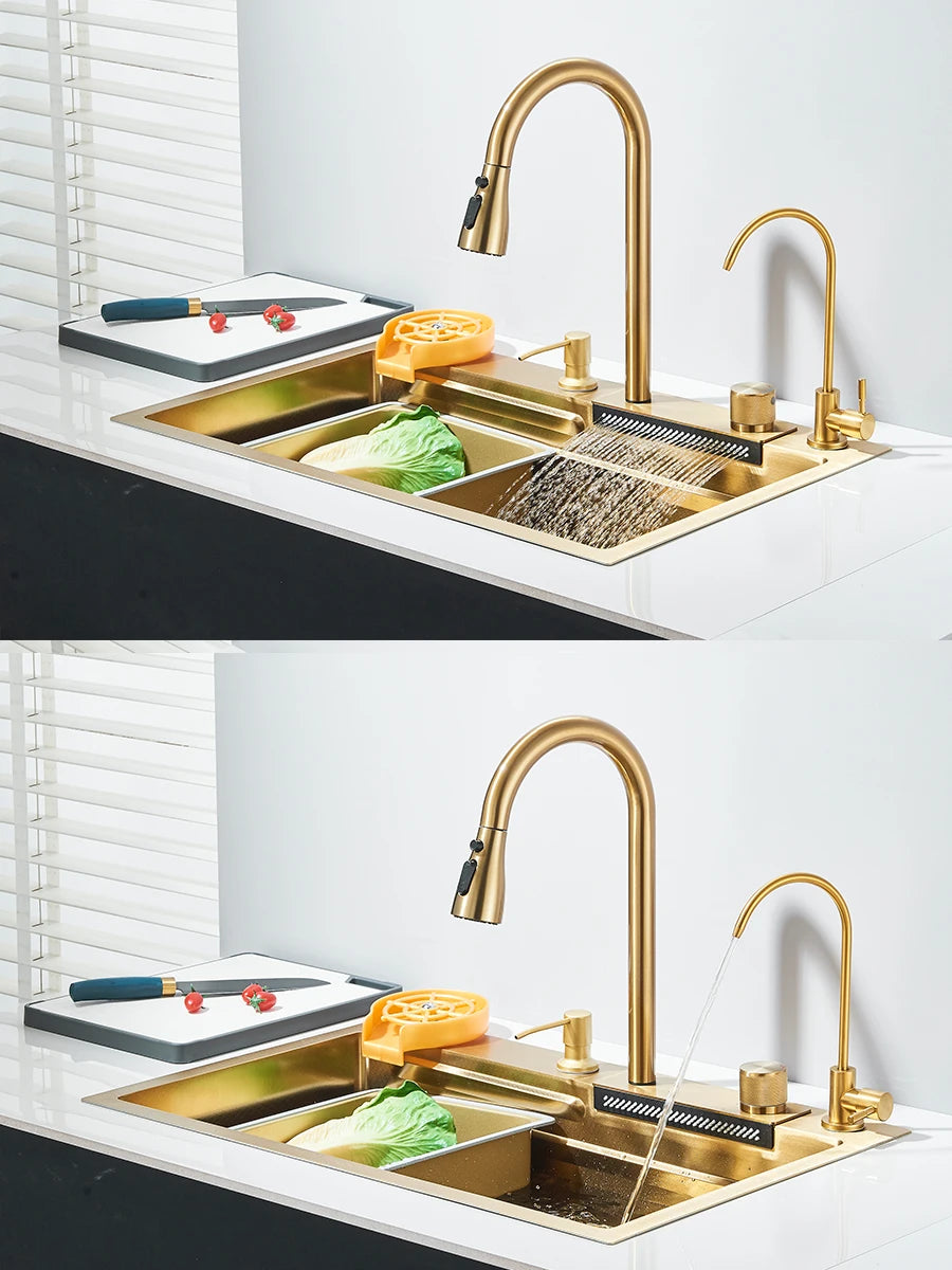 304 stainless steel waterfall kitchen sink large single slot integrated faucet set soap dispenser/pure water/cup washer