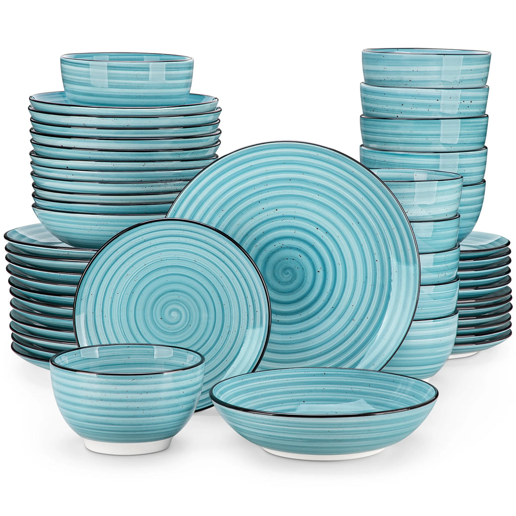 vancasso 24/48 Piece Blue Plates Dinner Sets Two-Sided Dinnerware Sets Handpainted Spiral With 6 Dinner Plate/Dessert/Soup/Bowl