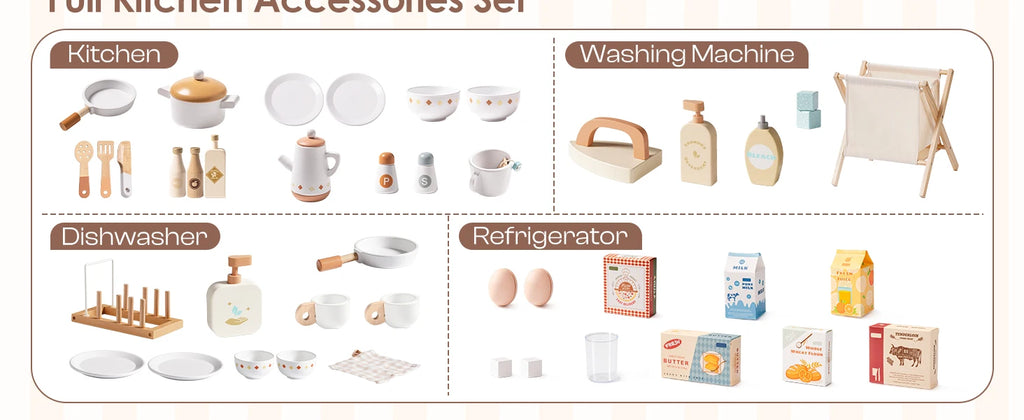 Robotime Wooden Play Kitchen Kids Kitchen Playset Washing Machine Dishwasher Toddler Kitchen Playset Gift for Boys Girls Caramel