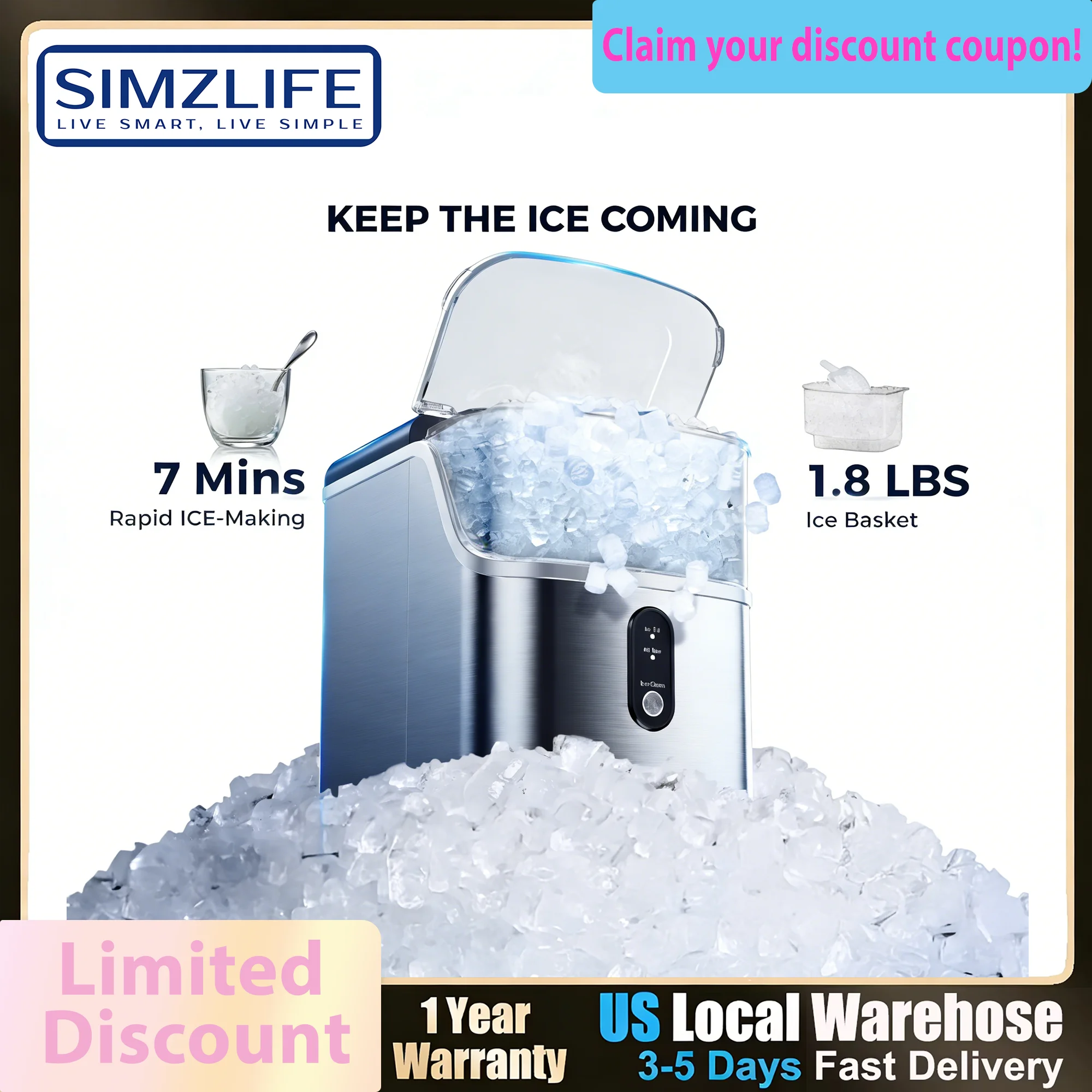 Countertop Chewable Ice Maker,Self-cleaning,Portable Ice Maker For Nugget Ice,High-efficiency Ice Making,Home,Office,Pet Cooling