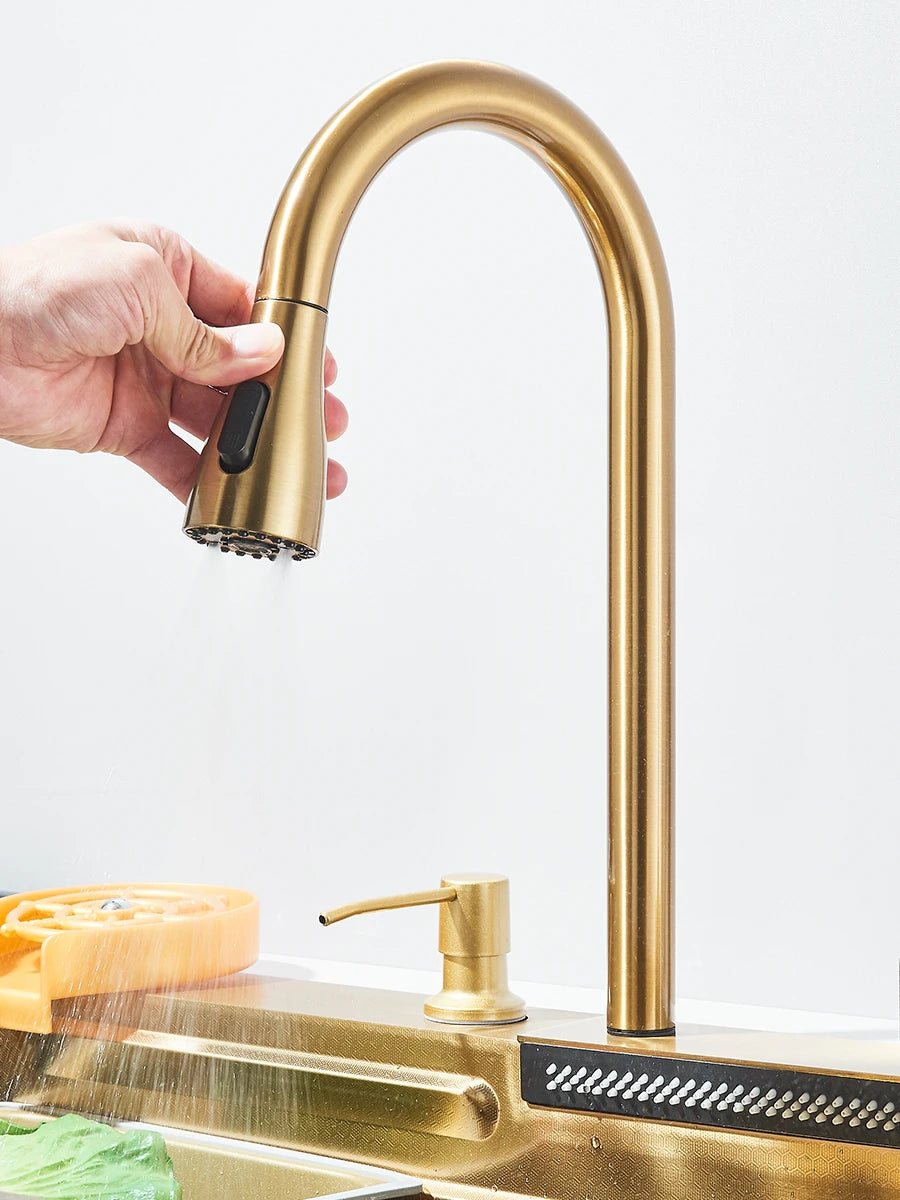 304 stainless steel waterfall kitchen sink large single slot integrated faucet set soap dispenser/pure water/cup washer