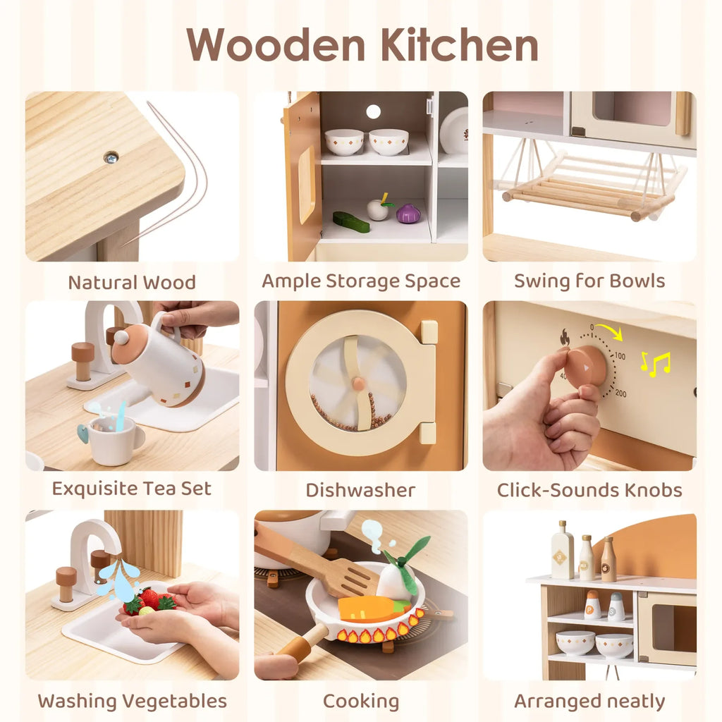 Robotime Wooden Play Kitchen Kids Kitchen Playset Washing Machine Dishwasher Toddler Kitchen Playset Gift for Boys Girls Caramel
