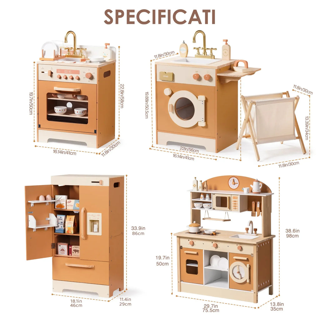 Robotime Wooden Play Kitchen Kids Kitchen Playset Washing Machine Dishwasher Toddler Kitchen Playset Gift for Boys Girls Caramel