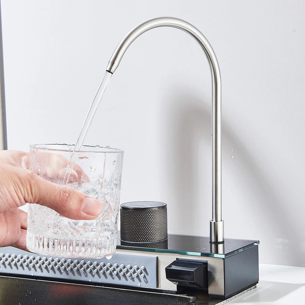 304 Stainless Steel Waterfall Kitchen Sink Large Single Slot Integrated Digital Display Faucet Set Soap Dispenser 75*45cm