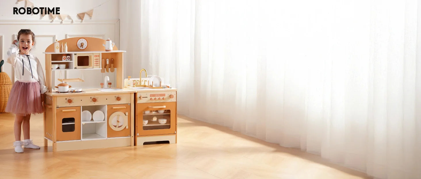 Robotime Wooden Play Kitchen Kids Kitchen Playset Washing Machine Dishwasher Toddler Kitchen Playset Gift for Boys Girls Caramel
