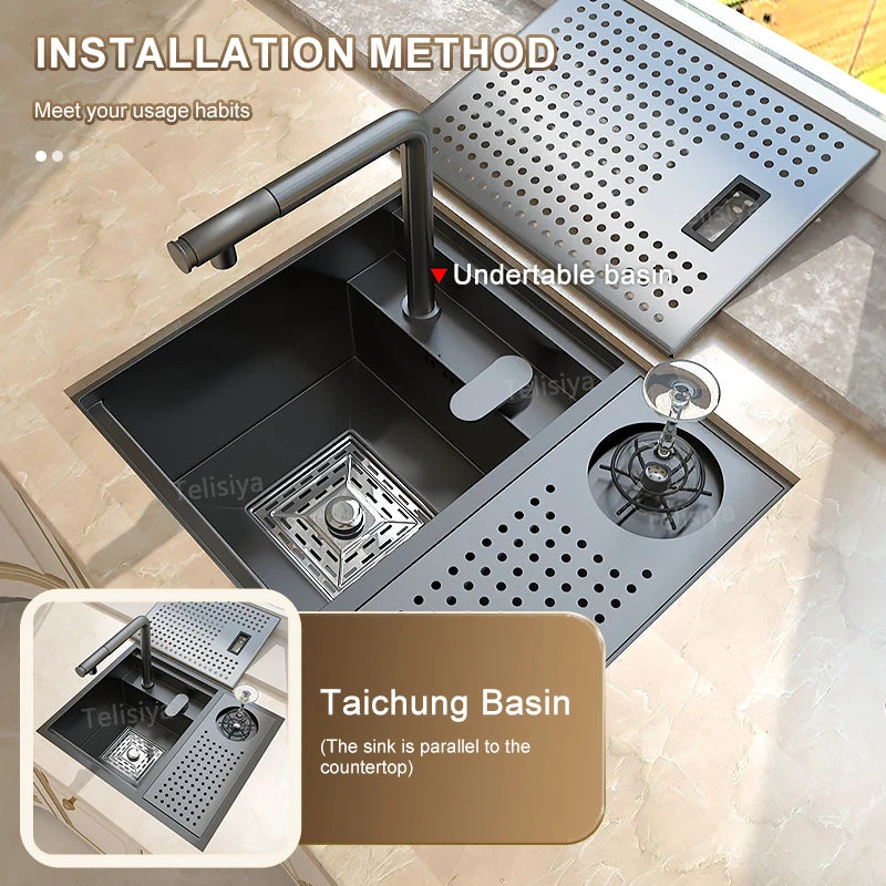 Stainless Steel Hidden Kitchen Sink With Lid Balcony Bar Apartment Small Single Slot Household Save Space Mini Wash Dish Basin