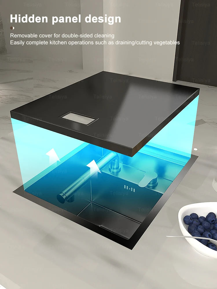 Stainless Steel Hidden Kitchen Sink With Lid Balcony Bar Apartment Small Single Slot Household Save Space Mini Wash Dish Basin