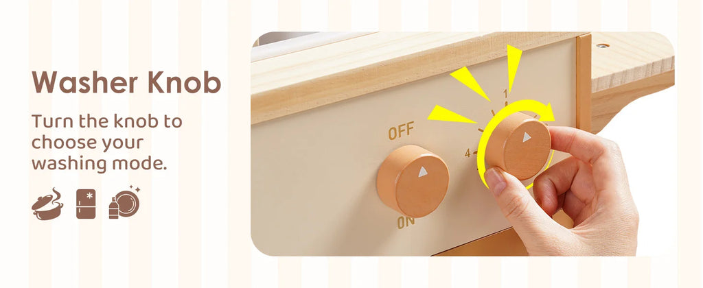 Robotime Wooden Play Kitchen Kids Kitchen Playset Washing Machine Dishwasher Toddler Kitchen Playset Gift for Boys Girls Caramel