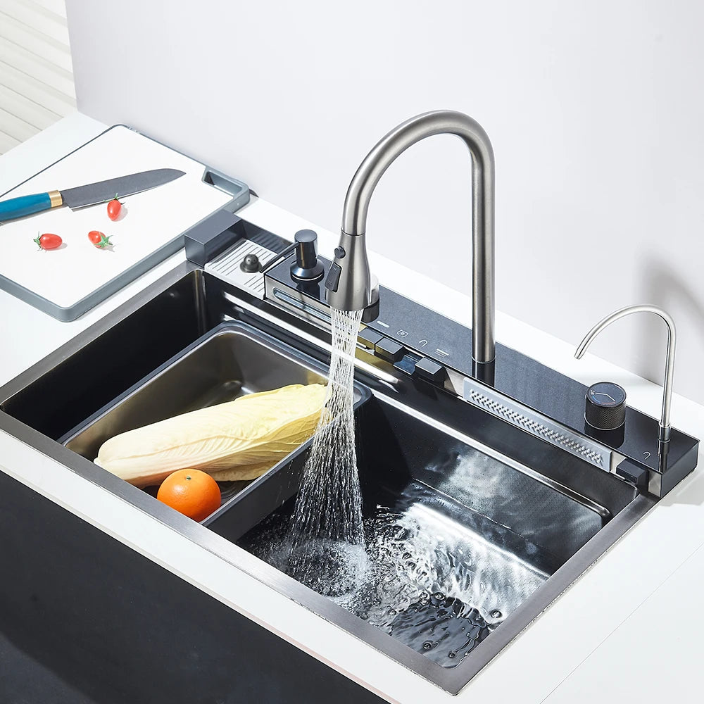 304 Stainless Steel Waterfall Kitchen Sink Large Single Slot Integrated Digital Display Faucet Set Soap Dispenser 75*45cm