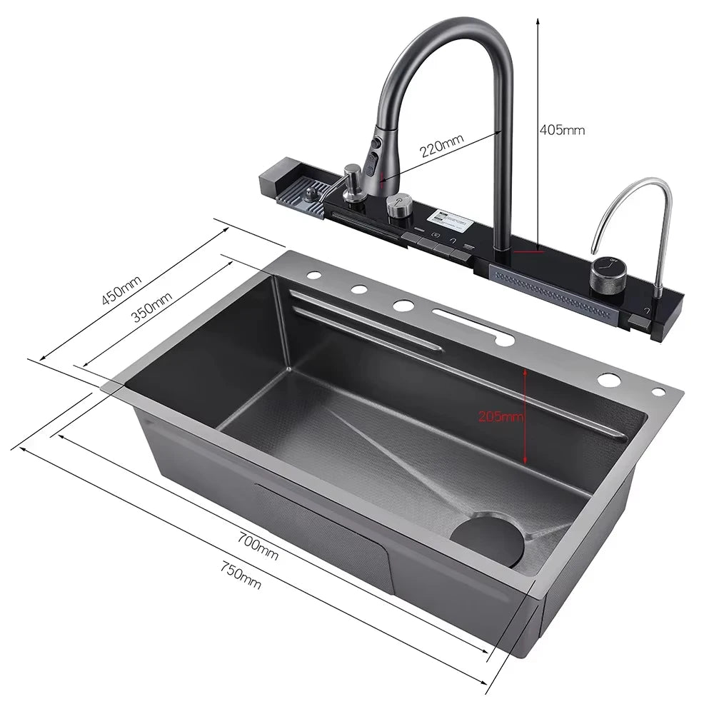 304 Stainless Steel Waterfall Kitchen Sink Large Single Slot Integrated Digital Display Faucet Set Soap Dispenser 75*45cm