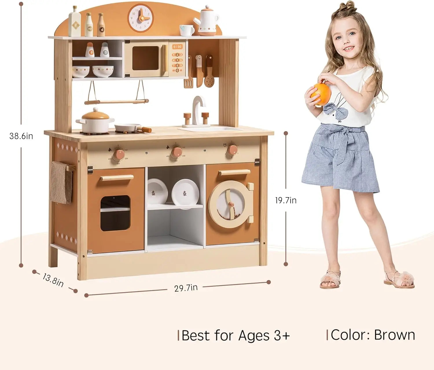 Robotime Wooden Play Kitchen Kids Kitchen Playset Washing Machine Dishwasher Toddler Kitchen Playset Gift for Boys Girls Caramel