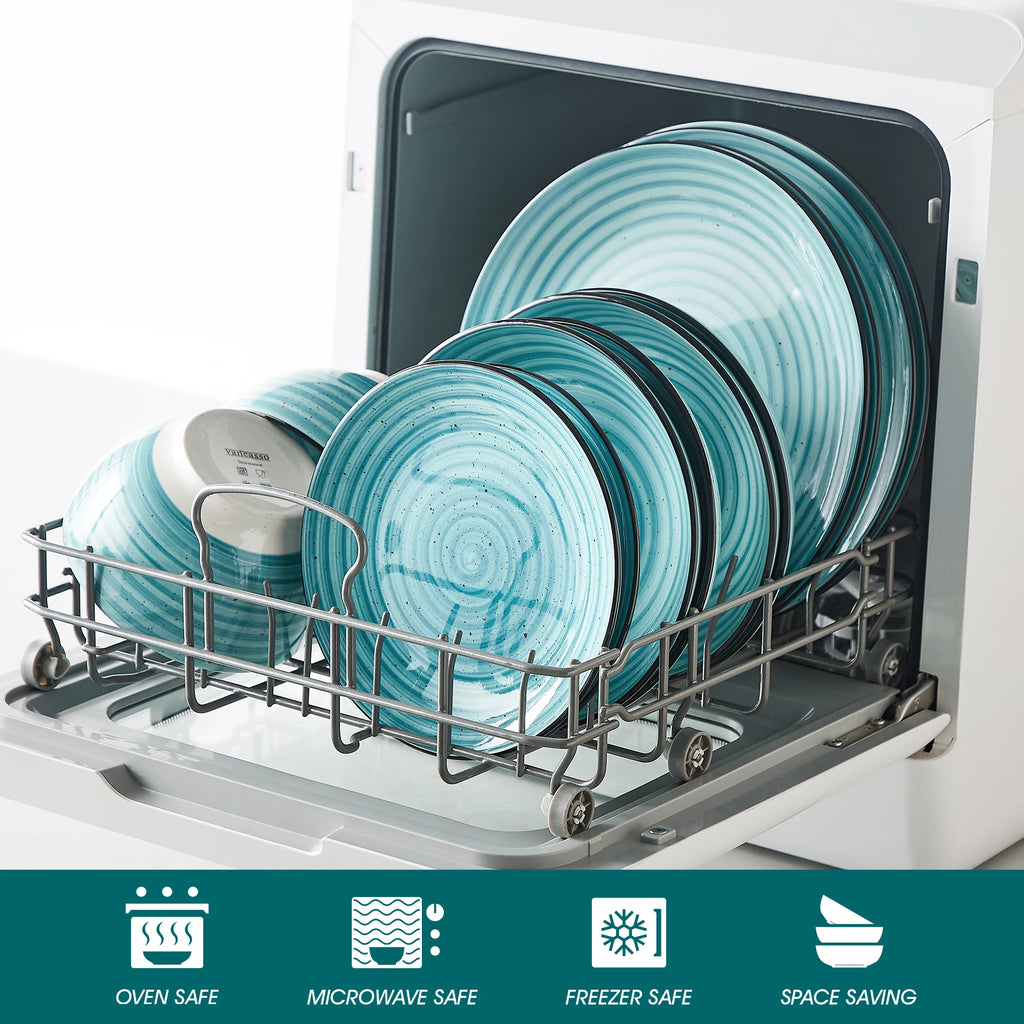 vancasso 24/48 Piece Blue Plates Dinner Sets Two-Sided Dinnerware Sets Handpainted Spiral With 6 Dinner Plate/Dessert/Soup/Bowl