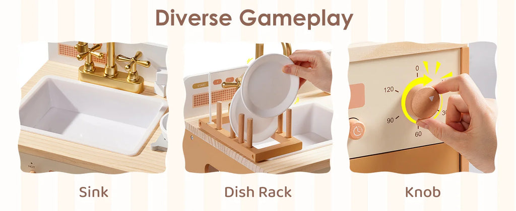 Robotime Wooden Play Kitchen Kids Kitchen Playset Washing Machine Dishwasher Toddler Kitchen Playset Gift for Boys Girls Caramel