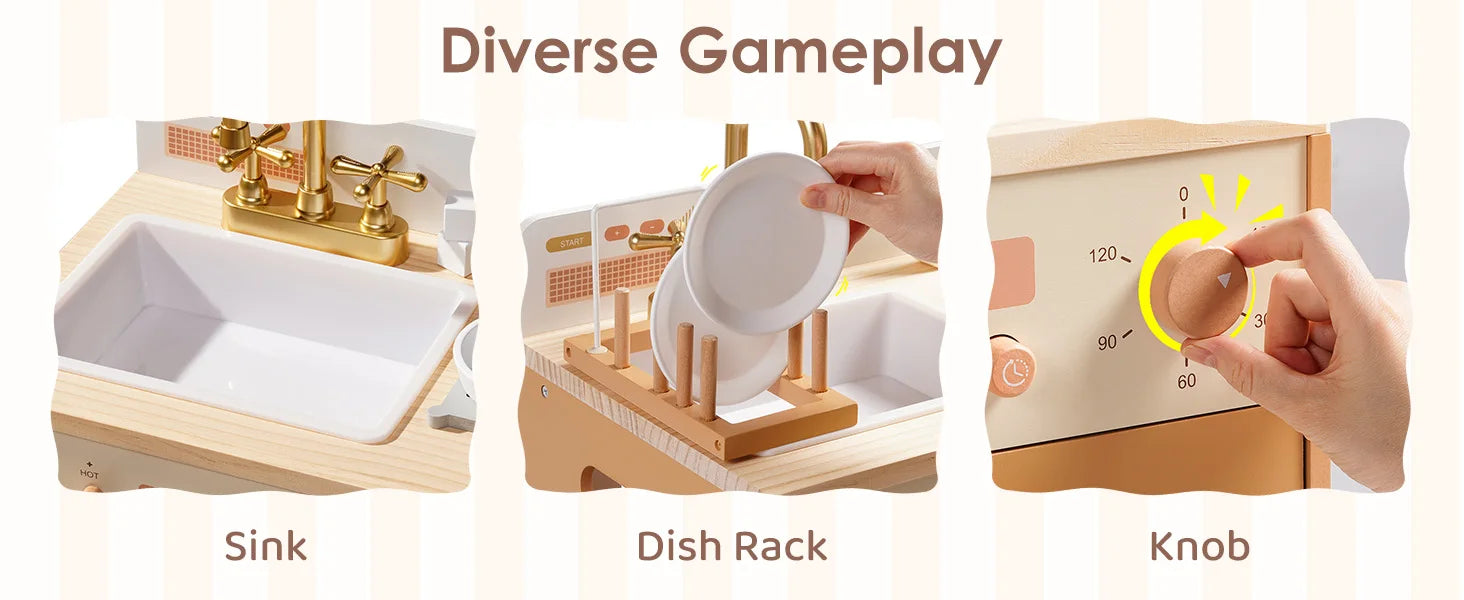 Robotime Wooden Play Kitchen Kids Kitchen Playset Washing Machine Dishwasher Toddler Kitchen Playset Gift for Boys Girls Caramel