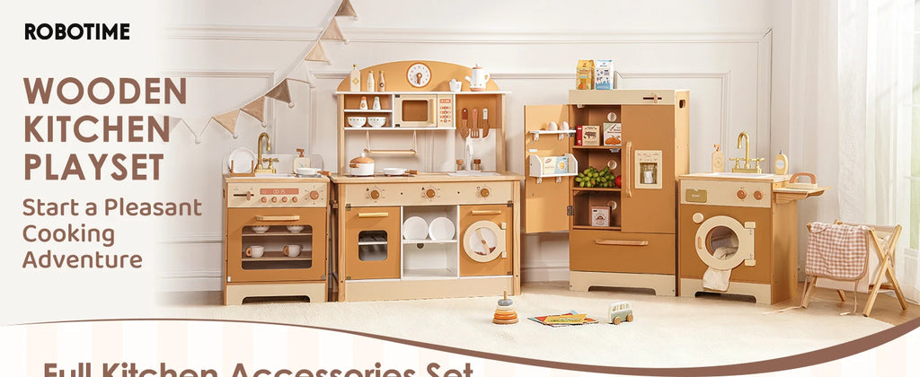 Robotime Wooden Play Kitchen Kids Kitchen Playset Washing Machine Dishwasher Toddler Kitchen Playset Gift for Boys Girls Caramel