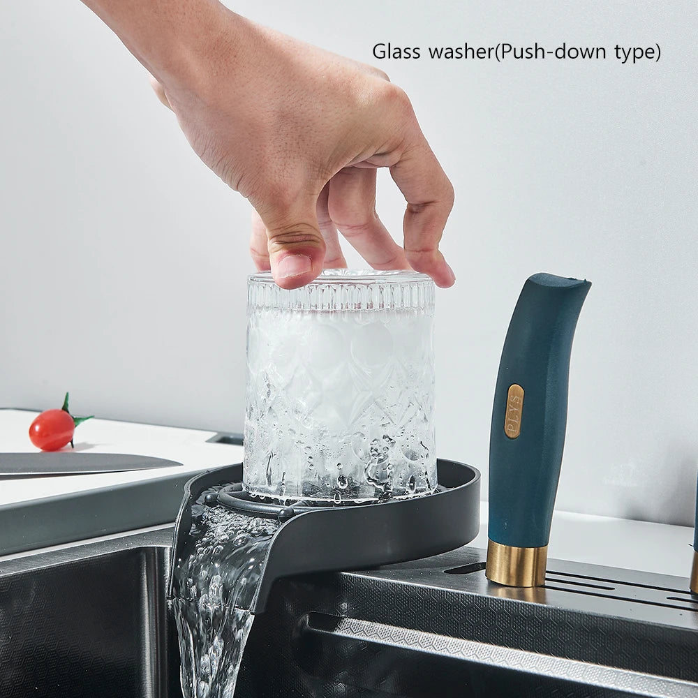 304 Stainless Steel Waterfall Kitchen Sink Large Single Slot Integrated Digital Display Faucet Set Soap Dispenser 75*45cm